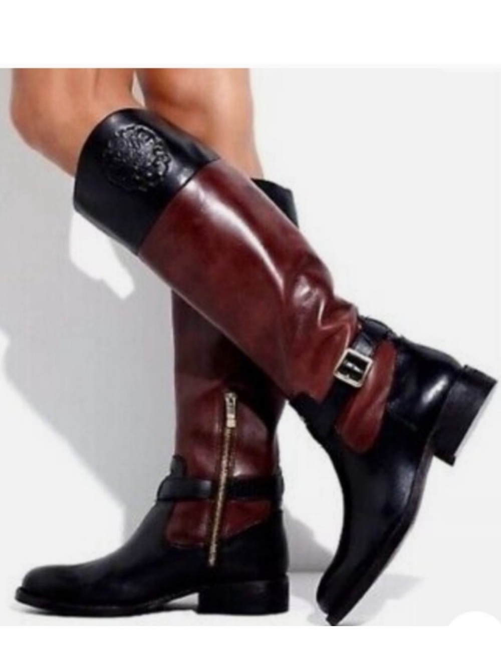 Vince Camuto Flavian Riding Boots Black and Brown Crest Two-Tone 10
